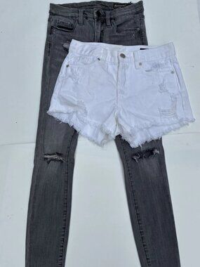 (2) BLANKNYC Gray Mid Rise Skinny Jeans & White Jean Shorts Distressed - Sz 25